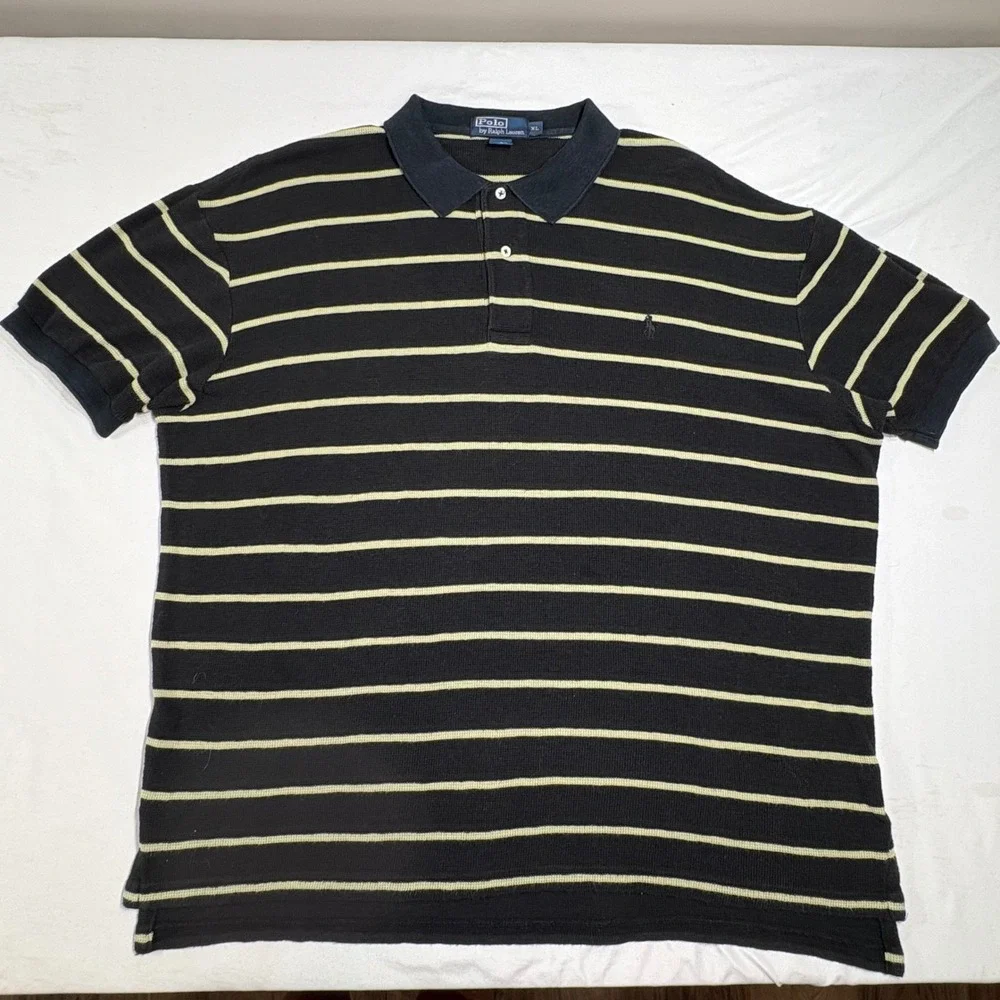 Polo Ralph Lauren Polo Shirt Men XL Black Yellow Striped Waffle Knit Preppy Logo